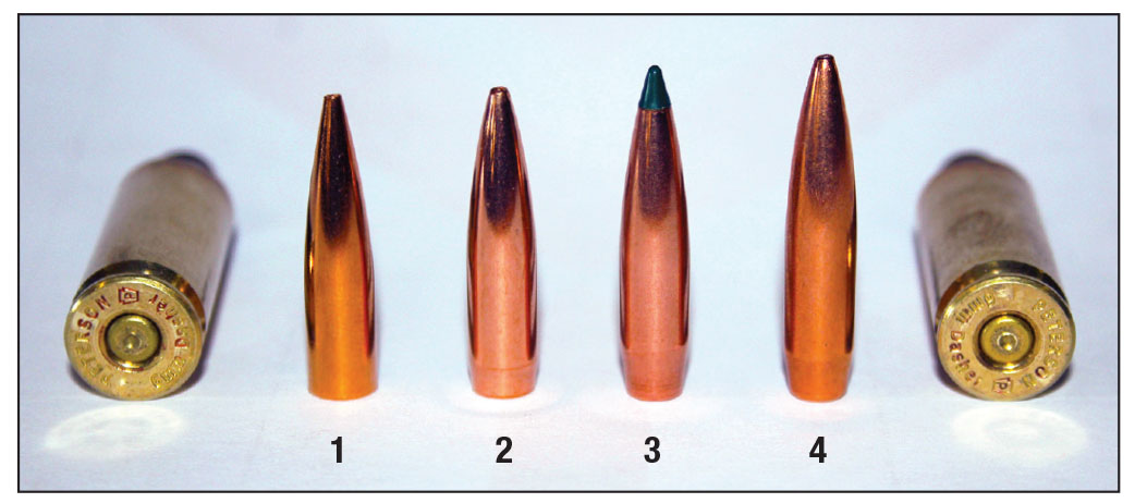 Bullets used to test primer preferences in the 6mm Dasher included: (1) Berger’s 88-grain High BC FB Varmint (Long Rifle powder), (2) Lapua’s 90-grain Scenar-L (Vihtavuori N140), (3) Sierra’s 95-grain Tipped MatchKing (Hodgdon CFE 223) and (4) Hornady’s 105-grain BTHP Match (Hodgdon 4895).